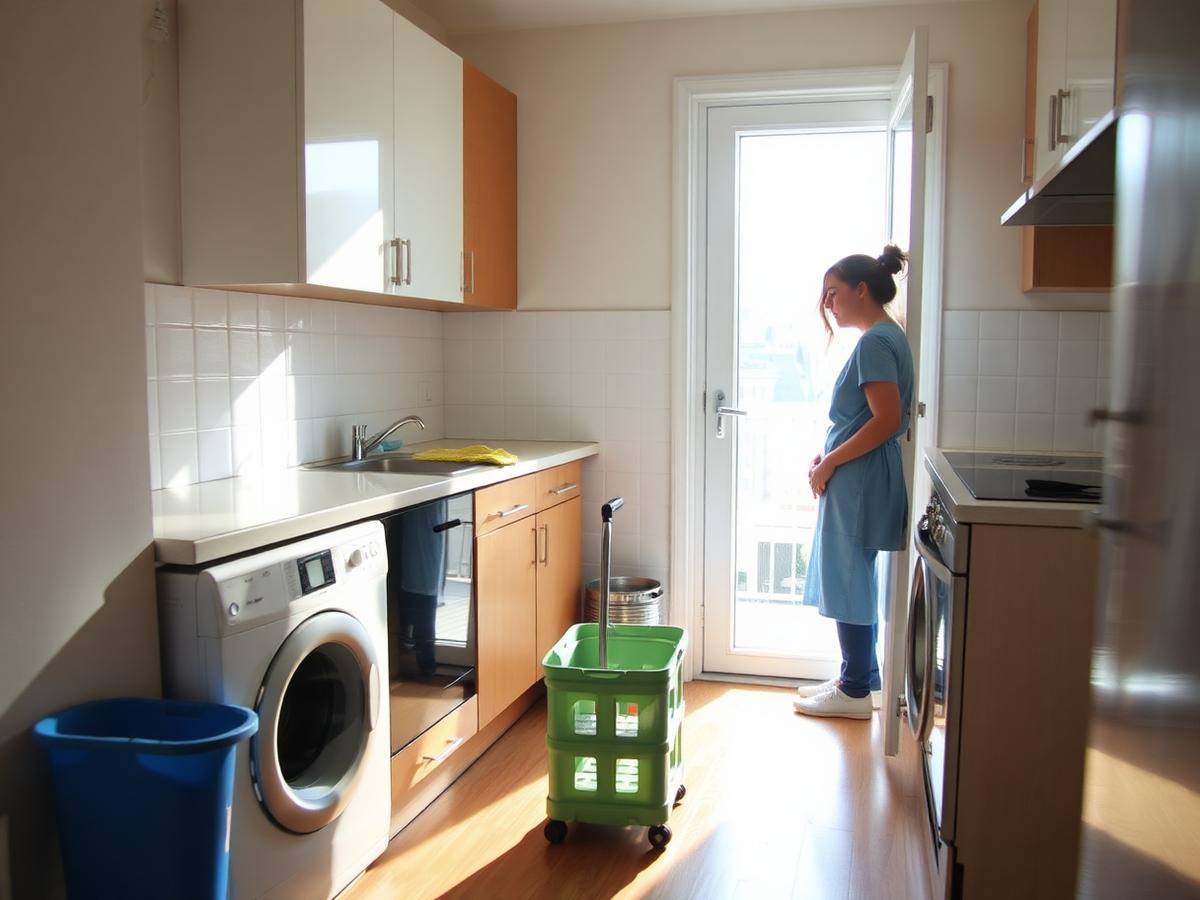 Cleaner deep cleaning a small apartment kitchen