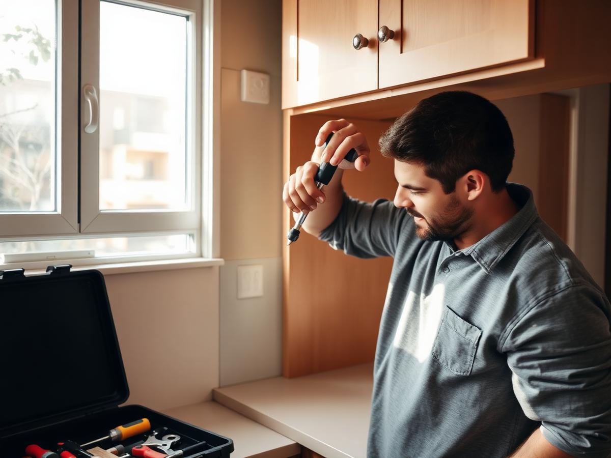 Handyman repairing a kitchen cabinet in a small apartment